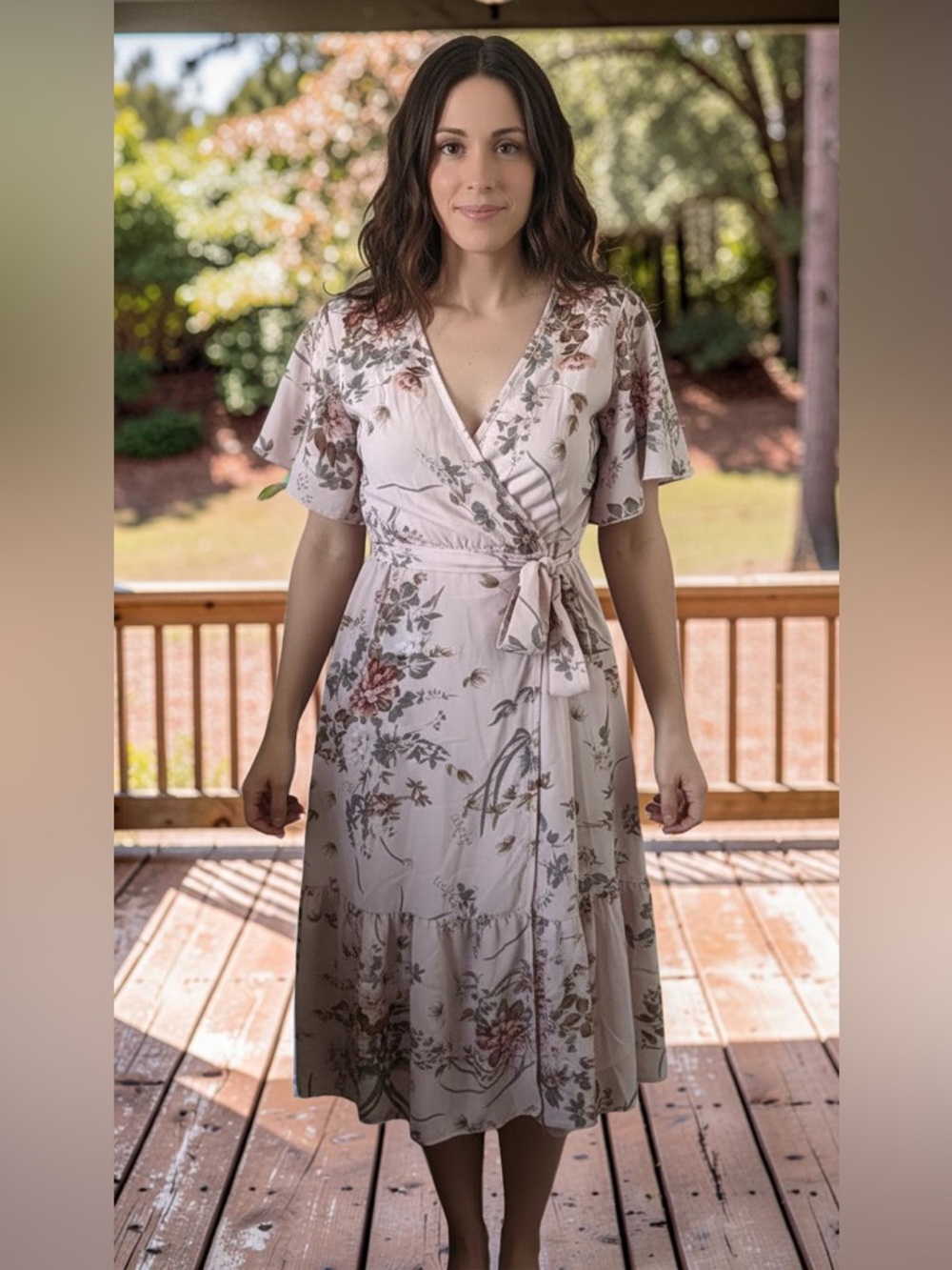 Floral Wrap Midi Dress in Blush Pink